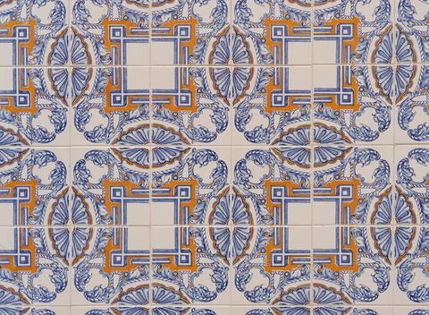 Patterns and textures on beautiful painted tiles in Portugal Stock Photos