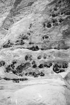 Patterns and textures of a rock wall with holes, black and white Stock Photos