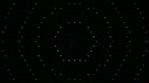 Patterns of blue shapes on black background create a geometric design Stock Illustration