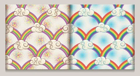 Patterns with clouds, rainbow arch, halftone 스톡 일러스트
