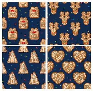 Patterns with Gingerbread Gift Box, Heart, Deer and House on Blue. Stockillustratie