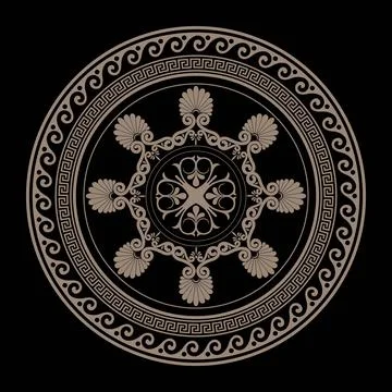 Patterns of Greece, ancient Rome. Vector round Gold classic frame plate  Illustrazione stock