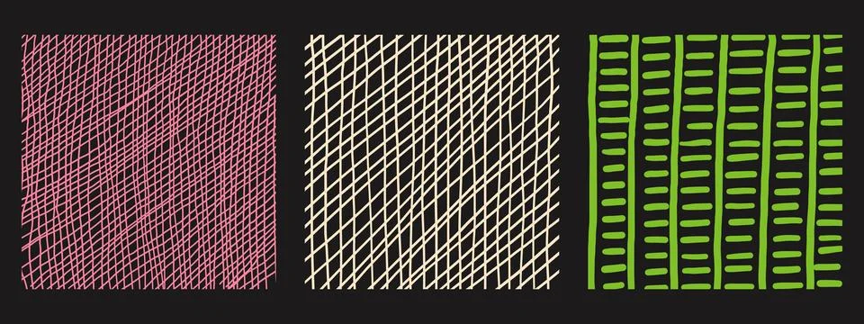 Patterns with hand drawn linear hatching and crosshatching textures. Trendy.. Stock Illustration