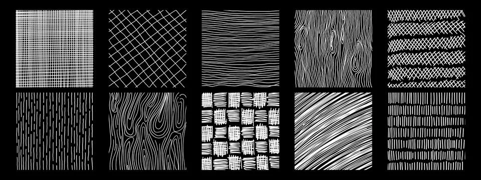 Patterns with hand drawn linear hatching and crosshatching textures. Vector.. Illustrazione stock