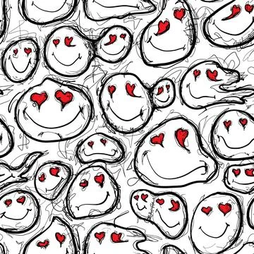 Patterns of happy faces with heart eyes in a fun design on a white backgrou.. Stock Illustration