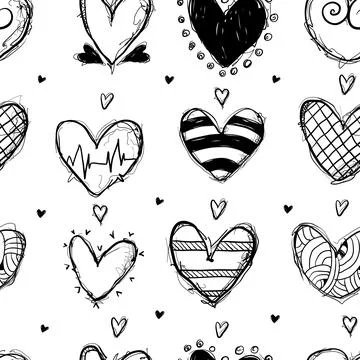 Patterns of hearts in different designs and styles on a white background fo.. Stock Illustration