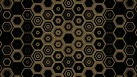 Patterns of hexagons on a black background with gold details Illustrazione stock