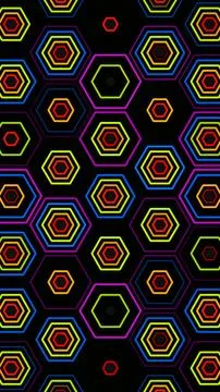Patterns of hexagons in bright colors on a black background Stock Illustration