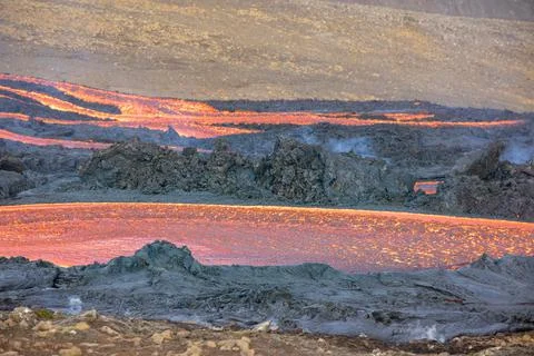 Patterns of lava from an active volcano eruption. Fagradalsfjall, Iceland Stock Photos