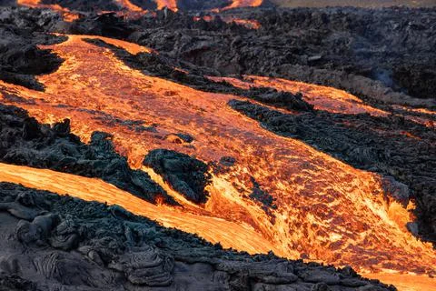Patterns of lava from an active volcano eruption. Fagradalsfjall, Iceland Stock Photos
