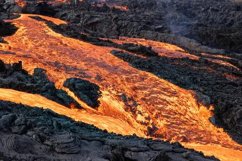 Patterns of lava from an active volcano eruption. Fagradalsfjall, Iceland Stock Photos