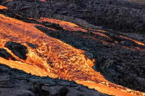 Patterns of lava from an active volcano eruption. Fagradalsfjall, Iceland Stock Photos