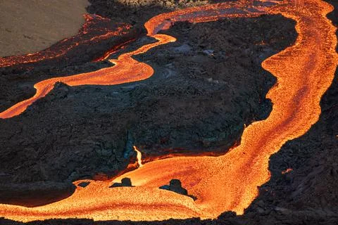 Patterns of lava from an active volcano eruption. Fagradalsfjall, Iceland Stock Photos