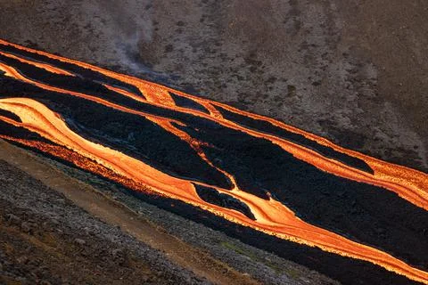 Patterns of lava from an active volcano eruption. Fagradalsfjall, Iceland Stock Photos