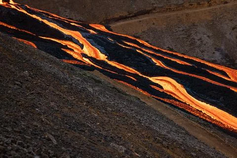 Patterns of lava from an active volcano eruption. Fagradalsfjall, Iceland Stock Photos