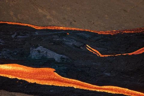 Patterns of lava from an active volcano eruption. Fagradalsfjall, Iceland Stock Photos