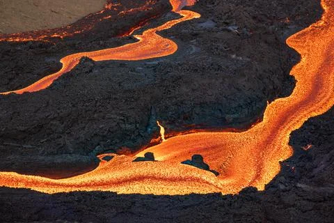 Patterns of lava from an active volcano eruption. Fagradalsfjall, Iceland Stock Photos