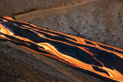 Patterns of lava from an active volcano eruption. Fagradalsfjall, Iceland Stock Photos