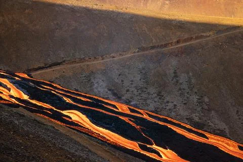 Patterns of lava from an active volcano eruption. Fagradalsfjall, Iceland Stock Photos