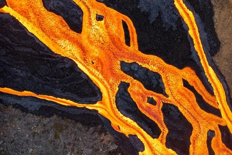 Patterns of lava from an active volcano eruption. Fagradalsfjall, Iceland Stock Photos