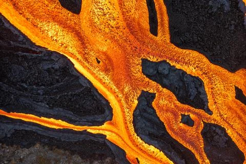 Patterns of lava from an active volcano eruption. Fagradalsfjall, Iceland Stock Photos