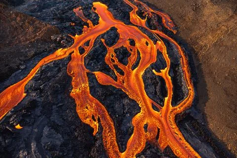 Patterns of lava from an active volcano eruption. Fagradalsfjall, Iceland Stock Photos