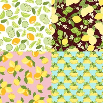 Patterns with Lime, lemon, slices and lemon leaves. Stock Illustration