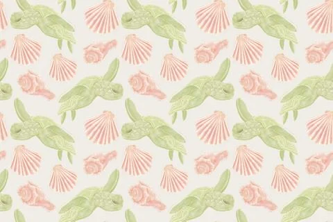 Patterns from marine-themed illustrations, green turtles and coral clam shell イラスト素材