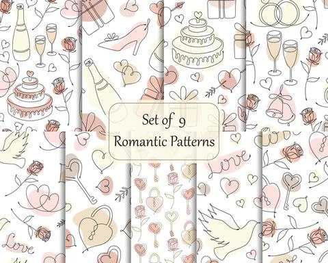 Patterns with one line drawing romantic symbols Stock Illustration