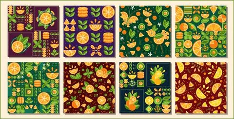 Patterns with oranges in simple geometric style. 스톡 일러스트