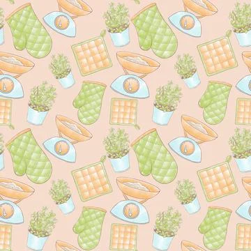 Patterns for a pastry shop made of hand-drawn elements, potholders, mittens, Stock Illustration