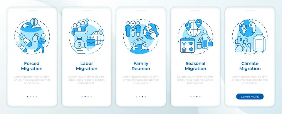 Patterns of people migration blue onboarding mobile app screen Stock Illustration