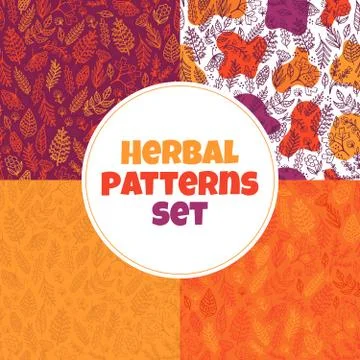 Patterns set with hand drawn orange leaves Stock Illustration