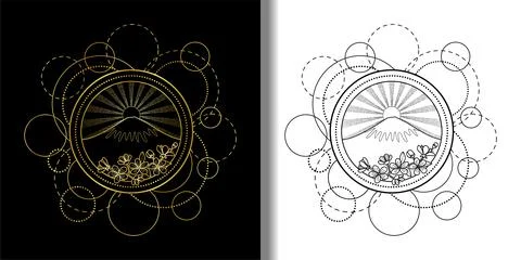 Patterns set with mountains, sun and cherry flowers Stock Illustration