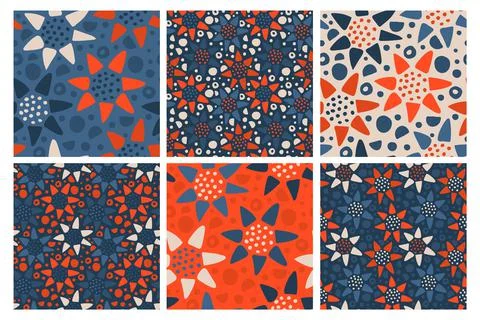 Patterns set with red blue stylized flowers Stock Illustration