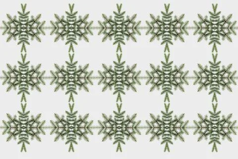 Patterns of spruce branches in the form of snowflakes on a white background. Stock Photos