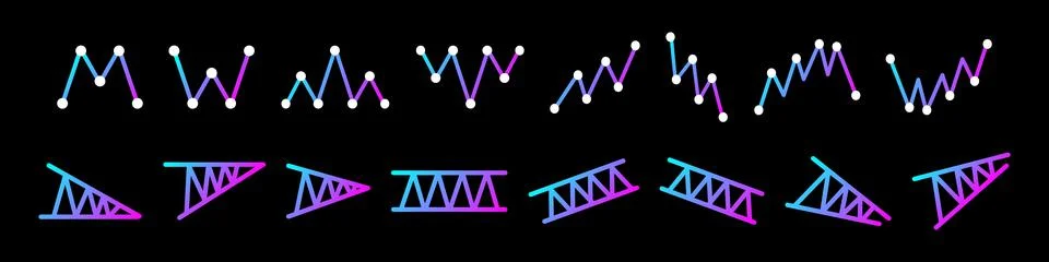 Patterns trading exposed icon set. Ultimate chart patterns trading course. Illustrazione stock