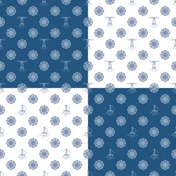 Patterns with Yacht , Lighthouse and Windrose 스톡 일러스트