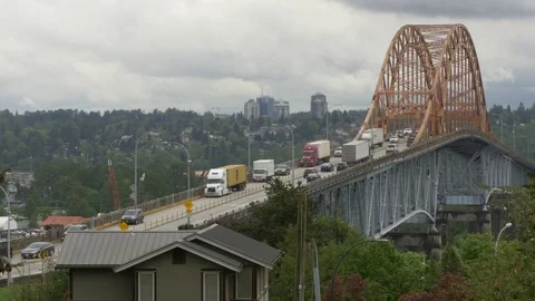 The Pattullo Bridge, BC, before replacement project 2025. Heavy traffic. Stock Footage 75722962