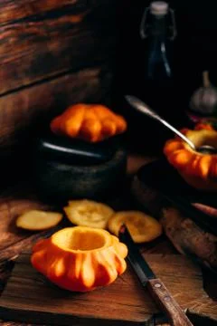 Pattypan squash prepared for stuffing Stock Photos