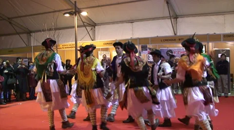 Pauliteiros jumping at the end of dance- celtic stick dancer Stock Footage 37489654