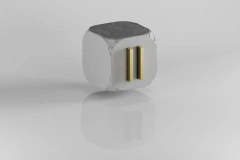 Pause icon. Yellow Golden Pause symbol on stone cube and white background. 3d 스톡 일러스트