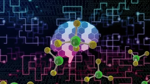Pause starting, brain icon staying central while molecules rising, rotating, Stock Footage 335739459