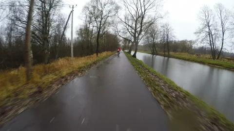 Paved bike path along the forest area and river Stock Footage 128157943