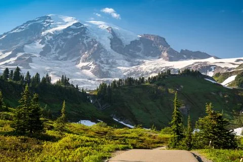Paved hiking trail to Myrtle Falls in Mount Rainier National Park, with the m Stock Photos