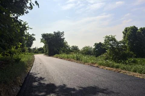 Paved narrow road bordered by trees on the top of an embankment in the ital.. Stock Photos