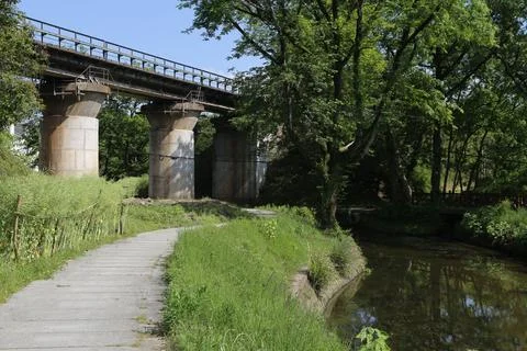 Paved path beside shaded stream under elevated railway bridge with tall con.. Stock Photos