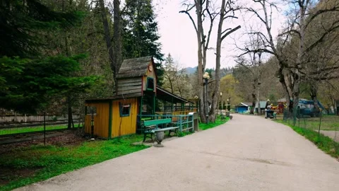 Paved path leads past a colorful wooden building and distant amusement park Stock Footage 335921523
