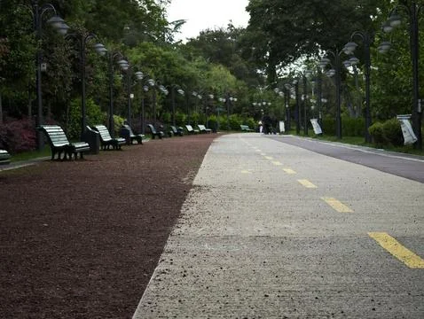Paved path stretching through park with benches and lampposts Stock-Fotos
