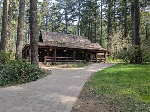 A paved path toward a historic log cabin, surrounded by trees Stockfoto's